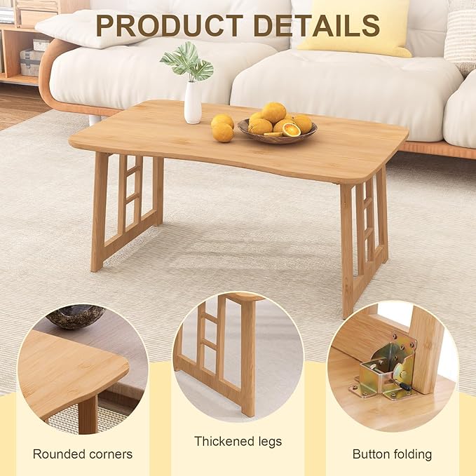 Japanese Folding Coffee Table,Bamboo Foldable Low Table for Sitting On Floor,Collapsible Floor Tea Tables,Portable Meditation Table for Tatami Living Room Bay Window Office Apartment (Wood color)