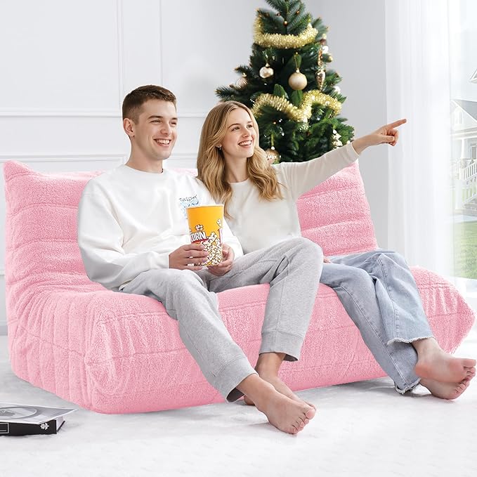 Bean Bag Loveseat Chair Big Sofa Beanbag Chair for Adults Fireside Chair Bean Bag Lounger with Memory Foam Filled for Home,Apartment or Gaming Venue（Pink Teddy）