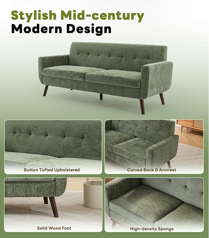 Tbfit 77.2" W Linen Sofa Couch, Mid Century Modern Decor Loveseat Couches for Living Room, Button Tufted Upholstered Small Couch for Bedroom, Solid, and Easy to Install Love Seats Furniture, Green | linen fabric, button tufted, solid wood foot, pocket ...