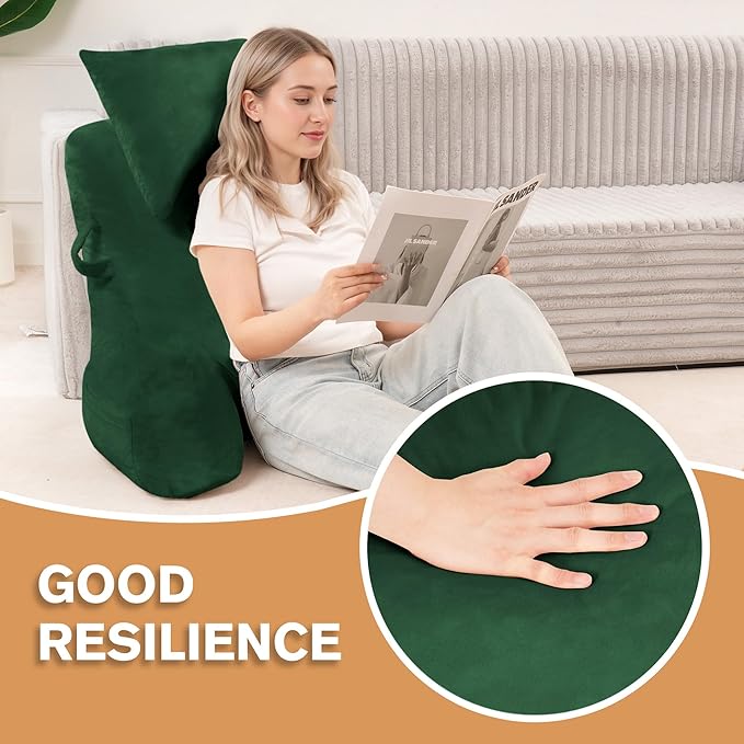 Unisakey Portable Reading Pillows with Headrest for Bed Sitting Up(Green Oeko-Tex), Velvet Back Pillow with Arms & Pockets for Adults, Support Memory Foam Bed Pillow for Dorm/Reading/Watching/Gaming