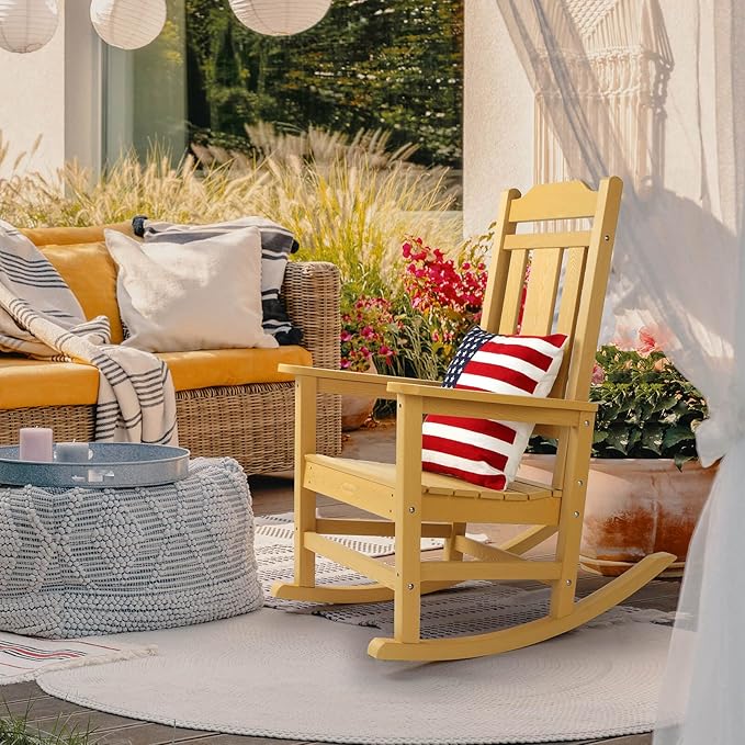 Rocking Chair, All-Weather Patio Deck Outdoor Indoor Chair, Fade-Resistant Porch Rocker Chairs, Durable Smooth Rocking, Comfortable Easy to Assemble, Low Maintain, Load Bearing 350 lbs (Yellow)