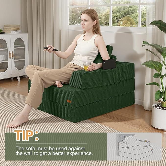 COMAX Folding Sofa Bed, Foldable Couch for Bedroom, Corduroy Convertible Floor Sleeper Futon Chair Foam, 3 in 1 Fold Out Chair Portable Comfy Lounge Couch Single Sofa Bed for Small Space Guest Room