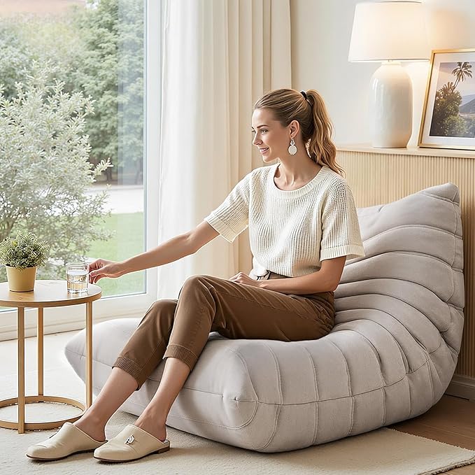 High-end Bean Bag Chair, Fireside Togo Chair with Antique White Suede Fabric Cover, Comfy & Soft Lazy Floor Lounge Sofa for Bedroom, Living Room, Office or Lounger