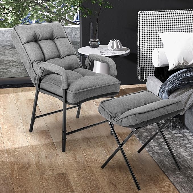 Giantex Modern Accent Chair with Ottoman, Upholstered Arm Chair with Adjustable Backrest & Solid Metal Frame, Linen Fabric Single Sofa Chair and Footrest Set for Bedroom, Living Room (Grey)