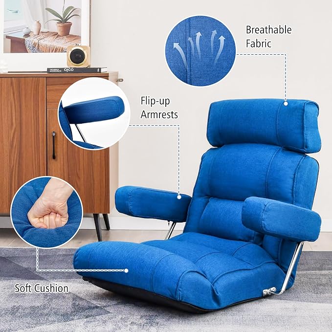 Giantex Adjustable Folding Sofa Chair - Lazy Floor Chair with Infinitely Adjustable Backrest, Extendable Armrest & Seat, Couch Recliner for Meditation, Reading, Gaming Floor Chairs for Adults (Blue)