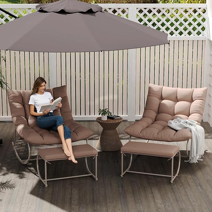 DAYAOUTDOOR Rocking Chair Outdoor Set of 2, Extra Wide Outdoor Chair with Cushion, Patio Rocking Chairs with Ottoman, Patio Papasan Rocking Chairs for Porch, Garden, Lawn, Khaki