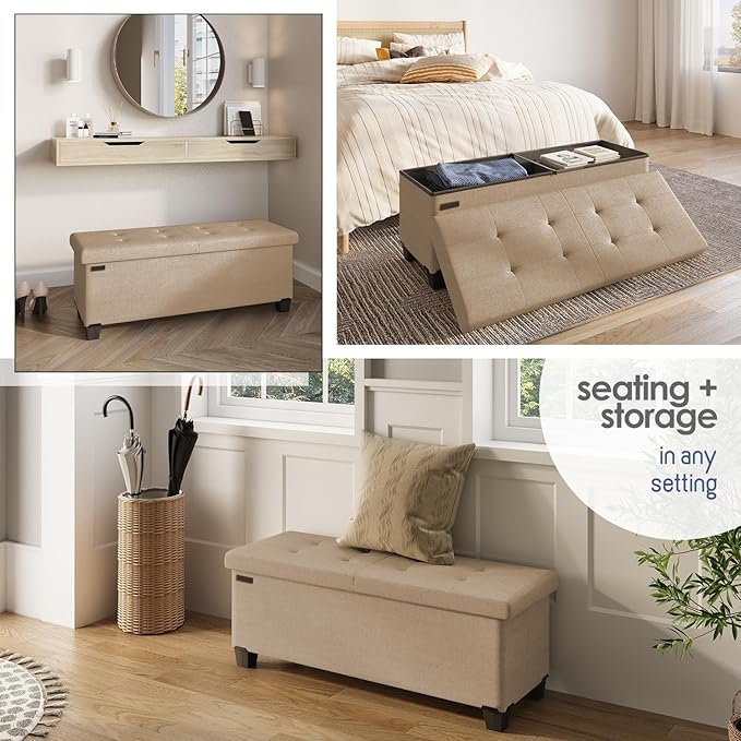 STORAGEBUD Storage Ottoman Bench with Bins, 43-in Storage Bench for Bedroom End of Bed, Folding Foot Rest Ottoman for Living Room Max 660lbs, Fabric Ottomans, Taupe