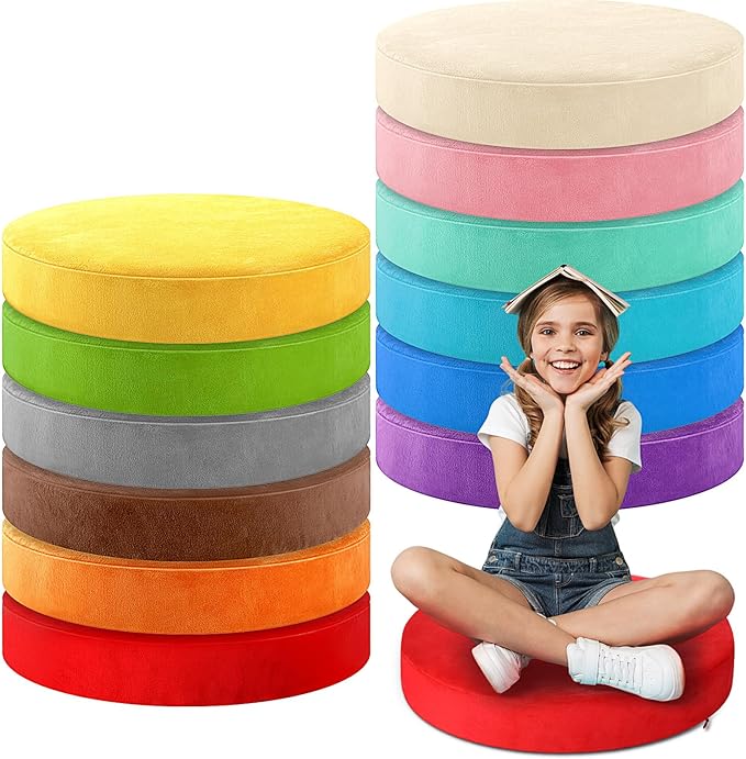GlikCeil 12 Pcs Round Floor Pillow Cushions for Kids Classroom 15'' Soft Flexible Seating Chair Floor Seats for Reading Corner Playroom - Winter & Spring School Supplies (Color Carnival Series)