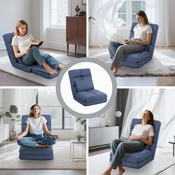Chaise Lounge Indoor, 14-Position Floor Chair with Padded Pillow for Adults Kids, Folding Lazy Sofa Chair for Living Room, Bedroom, for Gaming Reading Blue