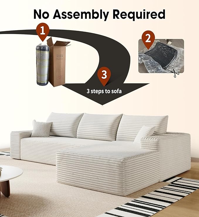 AUGOP 108" Sectional Couches for Living Room Modern Modular Sofa with L-Shape Couchs Upholstered Boneless Couch Deep Seat Sectional Couch with Chaise (White, Right Facing Chaise+2Seaters)