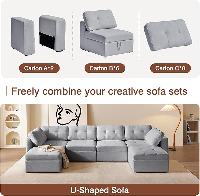 ORRD Oversize Modular Sectional Couch, Convertible U Shaped Sofa with Storage, 6 Seater Sofa Modular with Ottomans and Reversible Chaise for Living Room, Office (Grey)