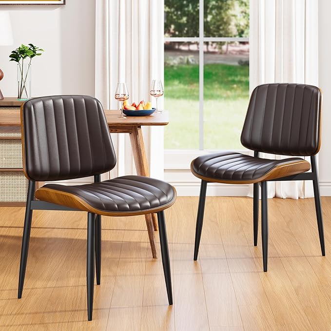 YaFiti Dining Chairs Set of 8, Mid Century Modern Dining Room Kitchen Chairs, Upholstered PU Leather Vertical Stripe Chairs for Vanity with Walnut Bentwood and Metal Legs, Brown