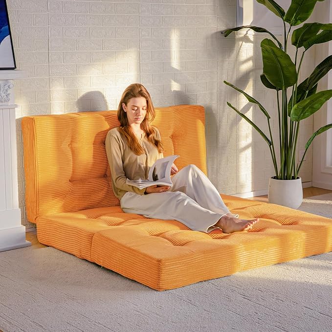 MAXYOYO Tri-Fold Mattress, 6 Inch Tufted Folding Futon Foam Bed, Foldable Floor Mattress Guest Bed Futon Topper Portable Camping Sleeping with Corded Fabric, Orange, 35.4"x75"
