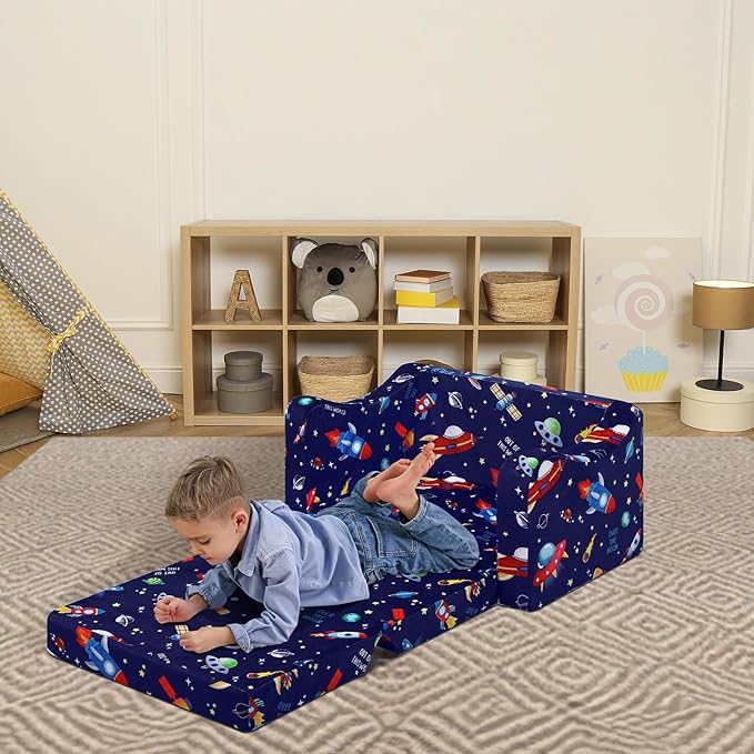 alldomess Comfy Kids Couch, 2-in-1 Folding Kids Sofa Bed for Toddler Boys, Convertible Sofa to Lounger Toddler Couch Chair for Baby Bedroom Playroom Nursery,Rockets