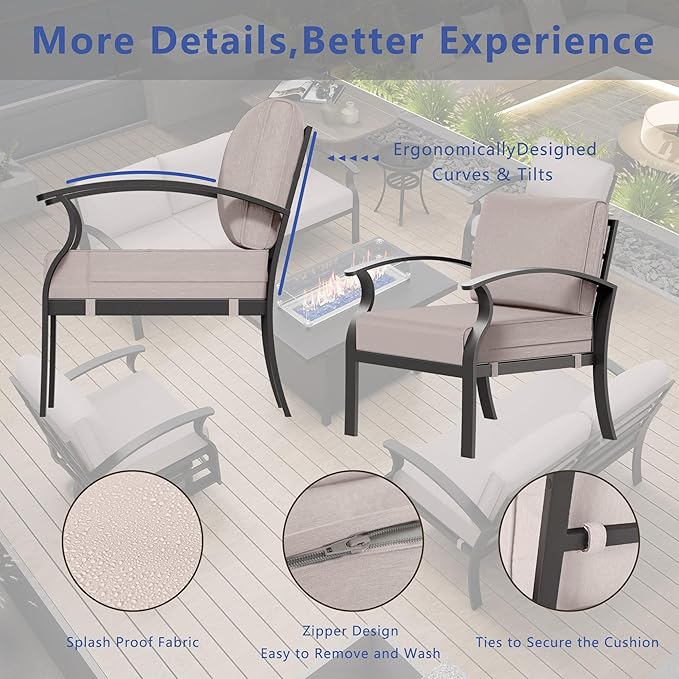 RTDTD Aluminum Outdoor Patio Furniture Set,4 Pieces 7 Seats Patio Conversation Sets with 45" Propane Fire Pit Table,Metal Patio Sectional Furniture Set w/5.1" Cushions for Porch,Deck,Backyard,Sand