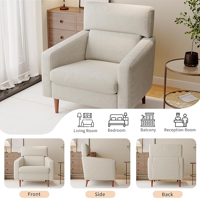 EJUNQ Mid-Century Accent Chair,Fabric Modern Reading Living Room Chairs, Upholstered Armchair with Wood Legs，Cozy Reading Chair for Living Room，Bedroom（Beige