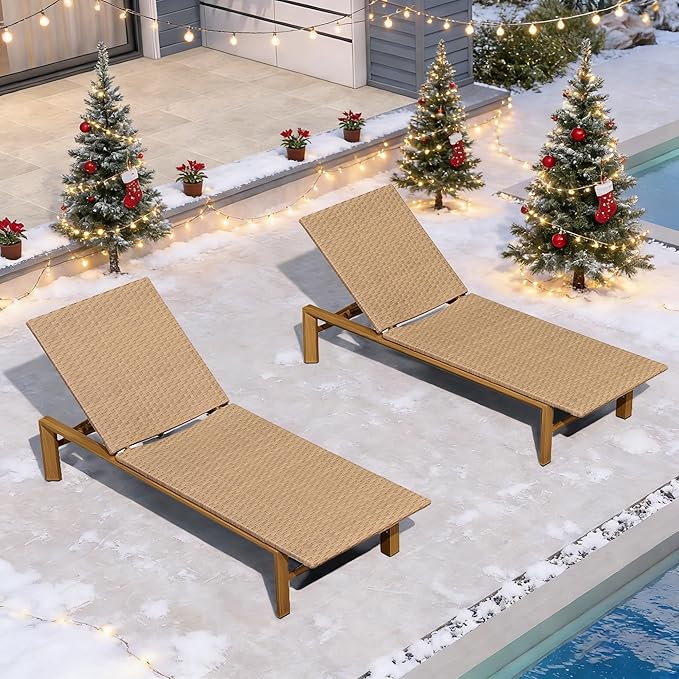 PURPLE LEAF Oversize Patio Wicker Chaise Lounge 2 Piece, Aluminum Outdoor Pool Lounge Chair with Adjustment Backrest, Breathable Lounger Sunbath Tanning Recliner for Poolside, Garden, Light Brown