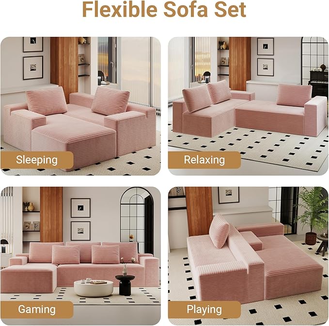 KAPEETOO Modular Sectional Sofa Cloud Couch for Living Room, L Shaped Boneless Couch with Chaise Longue, Oversize 3-Seater Sectional Sleeper Sofa Set with Deep Seat Bedroom (Left Chaise Pink)