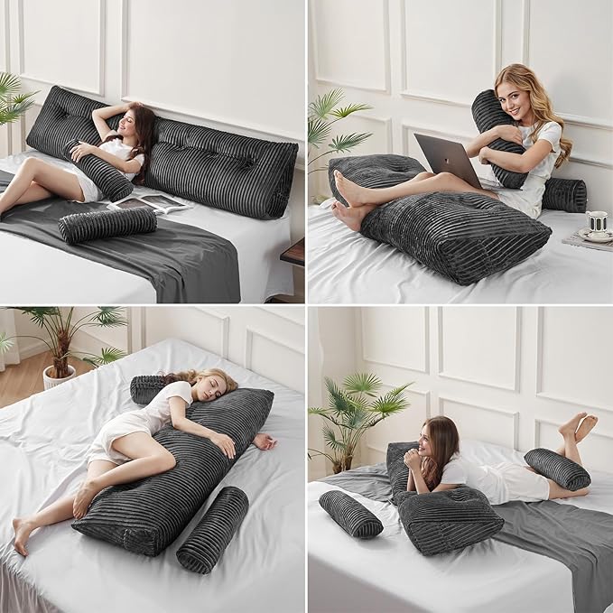 Z-hom Queen Size Wedge Headboard Pillow with 2 Roll Cushions, Large Reading Pillow for Bed Sitting Up, Triangular Backrest Cushion for Headboard, Supportive Pillow for Back Pain Relief, Grey