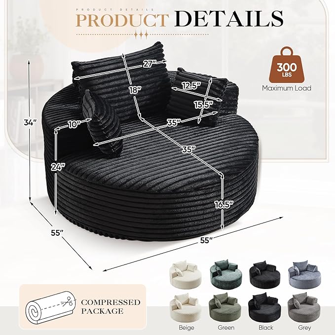 JEEOHEY Modern Round Accent Sofa Chair for Living Room, Upholstered Corduroy Barrel Lounge Arm Chair with Large seat&Throw Pillows for Bedroom, Office, Apartment, Black