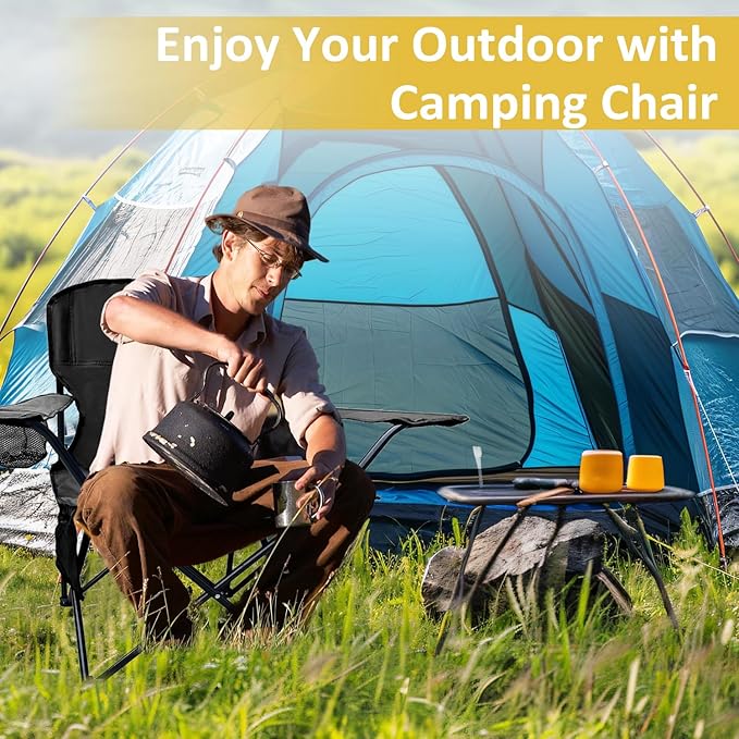 SAILARY Folding Camping Chair with Cup Holder and Cooler Bag, 225lbs Capacity, Upgraded Portable Foldable Chair with Heavy Duty Steel Frame for Outdoor, Beach, Fishing, Backpacking, Black 2PCS