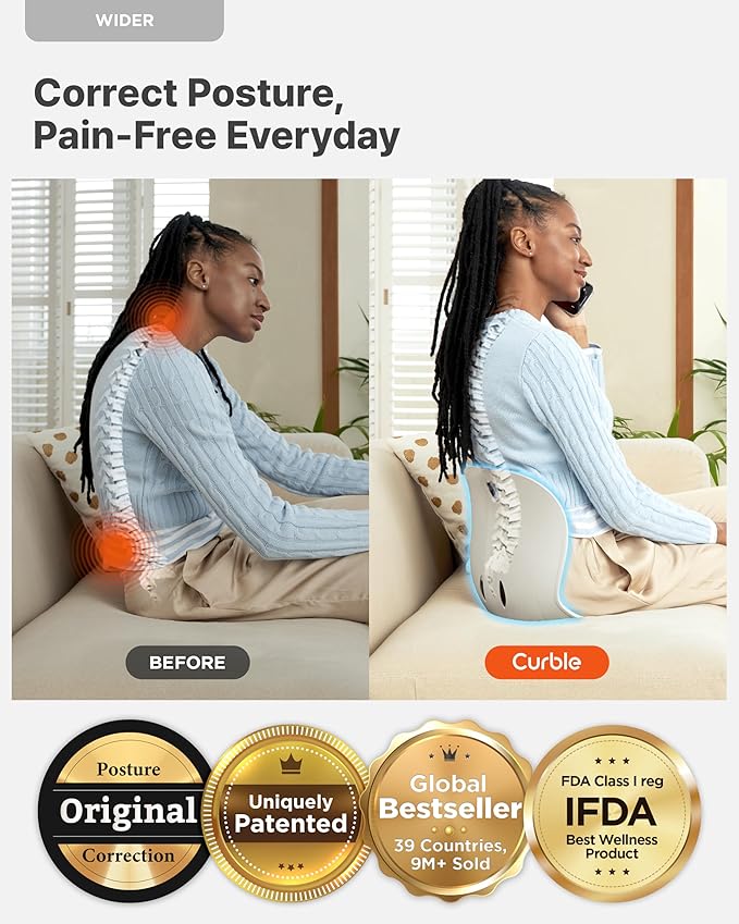 curble Wider(Standard Wide) 2PACK – Ergonomic Back Support Chair, Lumbar Support for Posture Correction & Back Pain Relief, for Office, Floor Seat and Work from Home, Patented(2P Black)