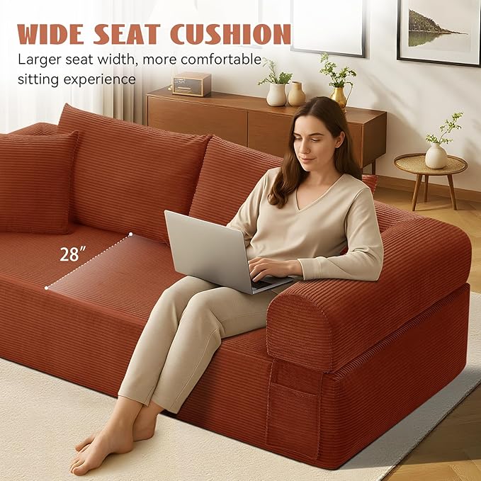 83" Sofa in a Box, 3 Seater Couch No Assembly Boneless Sofa Bed with Cushion Back 2 Matching Pillows Deep Seat Corduroy Fabric Side Storage Pockets for Living Room, Bedroom, Apartment, Office, Orange