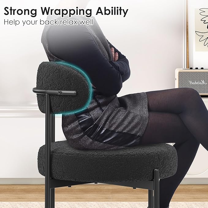 Farini Dining Chairs Set of 4,Mid-Century Modern Kitchen Chair Curved Backrest Round Upholstered Sherpa Dining Chairs with Metal Legs,Black