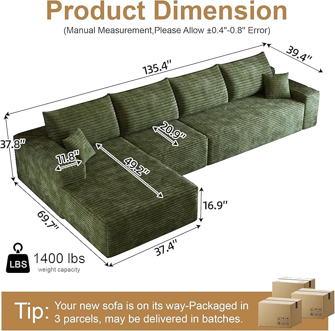 AUGOP 136" Sectional Couches for Living Room Modern Modular Sofa with L-Shape Couchs Upholstered Boneless Couch Deep Seat Sectional Couch with Chaise (Green, Left Facing Chaise+3Seaters)