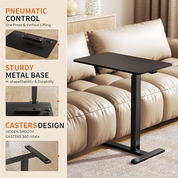 CROWNFURN Overbed Bedside Table with Hidden Casters,Adjustable Hospital & Home Use Bed Table, Rolling Laptop Table, Mobile Standing Desk,Black