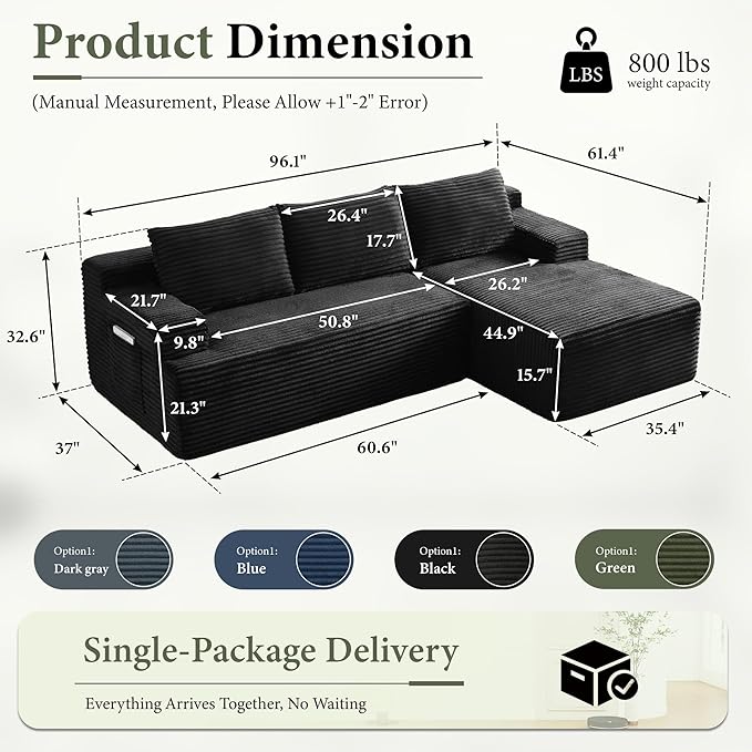 96" Sectional Couches for Living Room Cloud Couch Sofa with L-Shape Upholstered Boneless Couchs Modern Modular Sectional Couch with Chaise (Black, 96" W+Right Facing Chaise+2Seaters)
