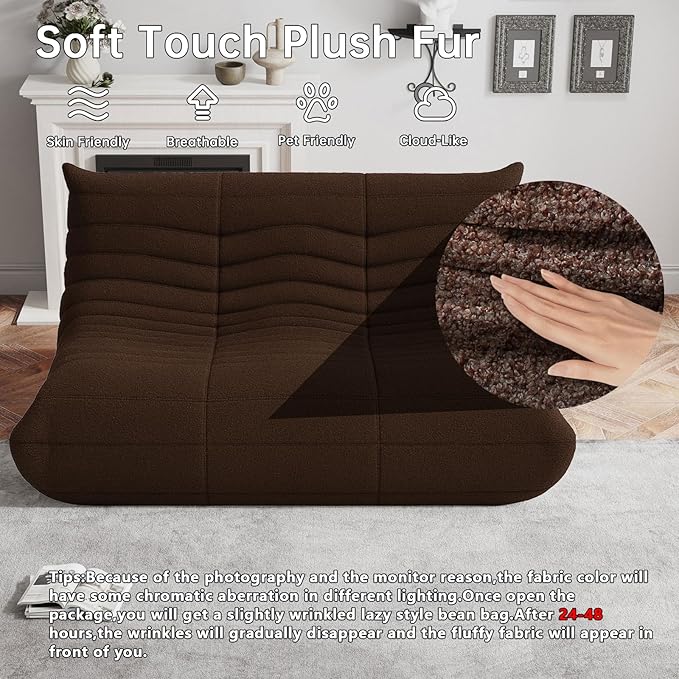 Bean Bag Chairs for Adults, BeanBag Reading Chair Memory Foam Couch 3-Seater, Floor Chair Soft Teddy Material, Comfy Reading Nook Chairs for Bedroom Living Room Office (Brown)