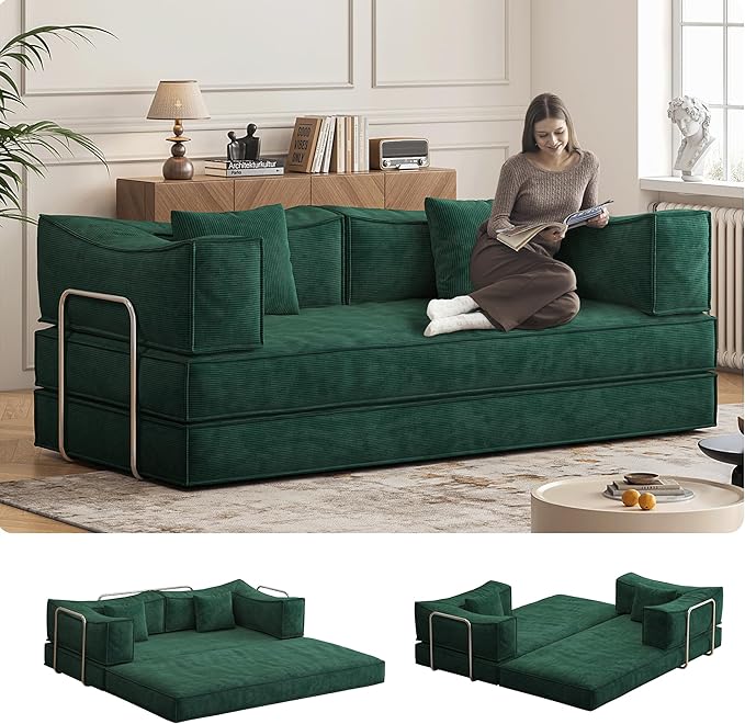 79" Convertible Sleeper Sofa Bed, Corduroy Folding Sleeper Couch with Fixed-Shape Frame, Boneless Couch for Living Room Bedroom, Floor Sofa Lounge No Assembly Required (Green)