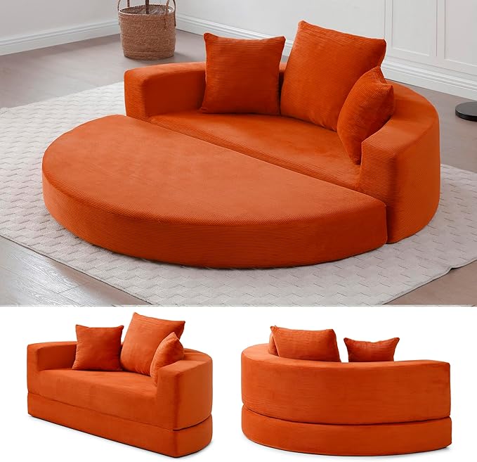 67" Round Convertible Folding Sofa Bed, Boneless Couch Loveseat, Floor Sleeper Chaise Lounge for Living Room, Apartment, Dorm, Small Spaces, Orange