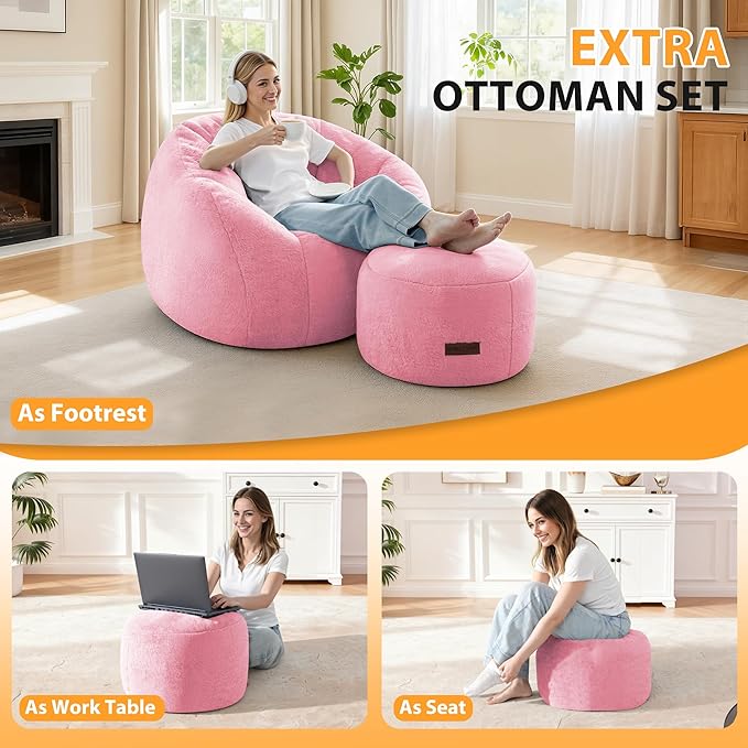 HABUTWAY Bean Bag Chair, Oversized Shell-Shaped Bean Bag Couch with Ottoman, Giant Beanbag Chair for Adults and Kids, Comfy Bean Bag Sofa & Footstool, Large Floor Sofa for Living Room Bedroom, Pink