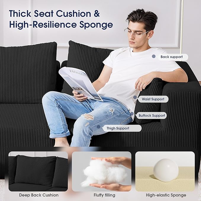 KINGYES 135'' Modular Sectional U Shaped Sofa, Upholstered Corduroy Boneless Couch Cloud Couch for Living Room, Black