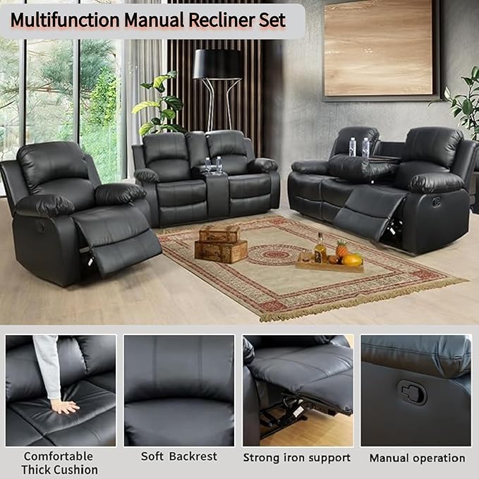 Manual Reclining Sofa Set with Drop-Down Table, Corduroy Sofa Sets, Living Room Furniture Sets, Modern Manual Recliner Sofa Sets with Storage Console for Living Room (Black, Sofa+Loveseat+Chair)
