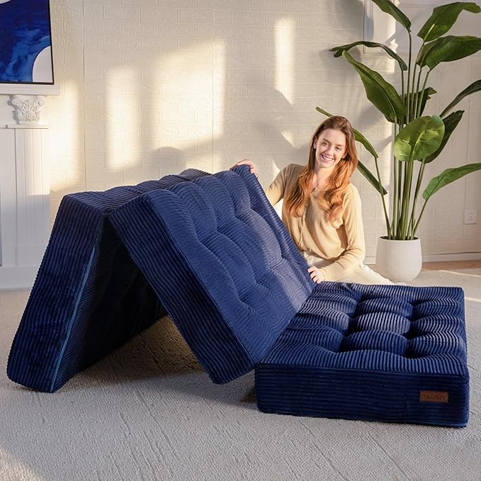 MAXYOYO Tri-Fold Mattress, 6 Inch Tufted Folding Mattress Full Foam Bed, Foldable Floor Couch Guest Bed Topper Portable Camping Sleeper with Corded Fabric, Navy, 53"x75"