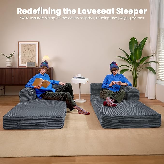 Convertible Sleeper Sofa Bed, 78" Corduroy Foldable Boneless Modular Couch, Memory Foam Compressed Sofa in A Box With Plush Fabric Comfy Floor Lounge Couch for Living Room Apartment Bedroom,Dark Gray