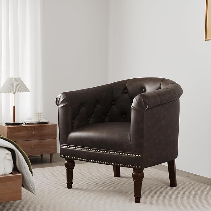 DREAMSIDEA Accent Chair, Upholstered Faux Leather Barrel Chair with Nailed Trim, Comfy Club Armchair for Reading Living Room Bedroom Waiting Room (Chocolate, Set of 2)