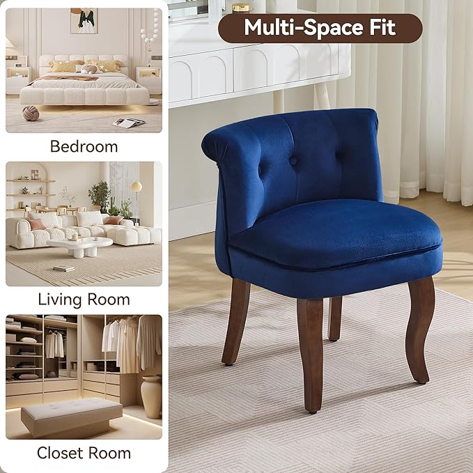 WUTUTUEE Velvet Vanity Chair with Back, Tufted Upholstered Vanity Stool with Solid Wood Legs, Mid Century Small Makeup Chair for Vanity, Accent Chair for Bedroom, Living Room, Navy