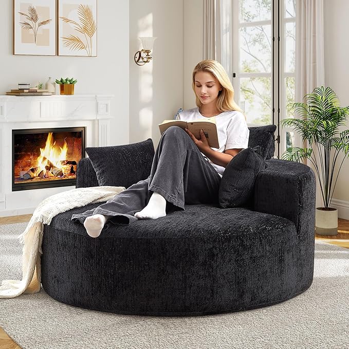 55"W Oversized Round Chair Lounge Chaise Indoor, Upholstered Comfy Circle Sofa Armchair, Modern Cozy Boneless Foam Floor Reading Chair for Living Room, Bedroom, No Assembly Required(Chenille, Black)