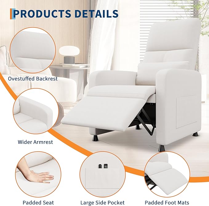 GarveeHome Power Recliner Chair, Adjustable Electric Recliner Ergonomic Overstuffed Single Sofa, Tall Back, Padded Seat, 2 Side Pockets and USB Port, Home Theater Seating for Living Room