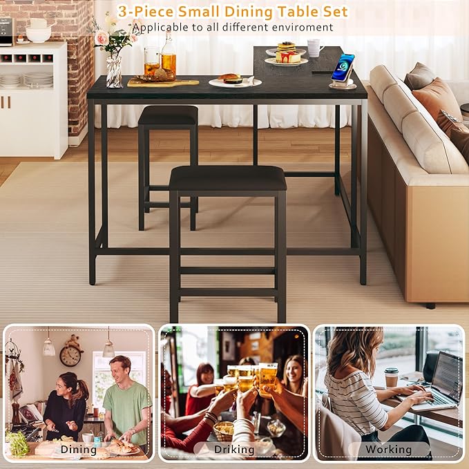 Bar Table and Chairs Set for 2-4, 63'' Convertible L-Shaped Kitchen Table with Power Outlets, 3 Piece Counter Height Small Dining Table with 2 Stools, Space Saving, Breakfast Nook Corner, Black