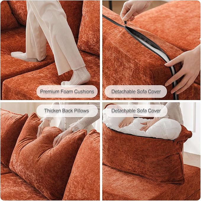 Rexulqo 135'' Modular Sectional Sofa with All Seats Storage, Oversized Sleeper Sofa Bed for Living Room,4-Seater Comfy Cloud Couches with Movable Ottoman,Big Sectional for Bedroom,Velet,Orange