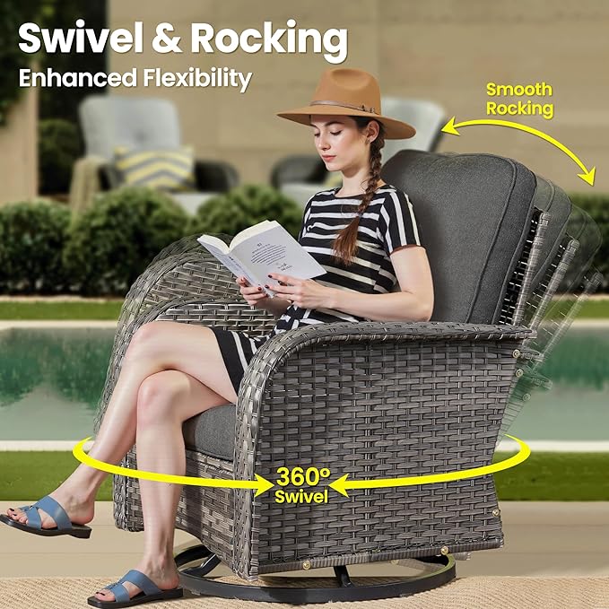 ovios 3 Pieces Patio Furniture Set, Outdoor Rocking Chairs of 2, Wicker Swivel Glider Chairs with Side Table Thick Cushions, All Weather Rattan Bistro Set for Porch, Black