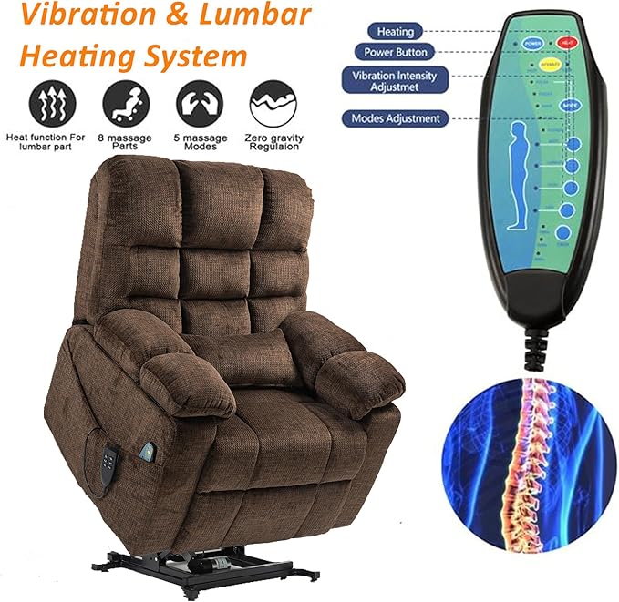 Comfortable Lifting Recliner Chair for Seniors, Power Lift Recliner Chair with Heat and Massage, Zero Gravity Lay Flat Recliner with Cup Holder for Elderly Big and Tall Men 400lbs, Brown