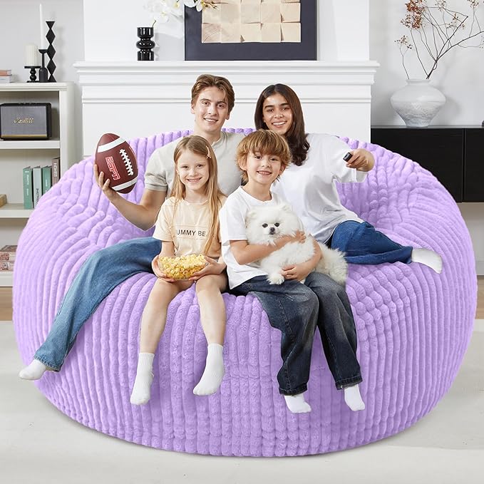 Homguava 6 FT Bean Bag Chair,6' Big Bean Bag,Giant Bean Bag Chairs for Adults with Memory Foam Filled,Comfy Large Beanbag Chairs Soft Bean Bag Sofa with Dutch Corded Plush Cover-Purple