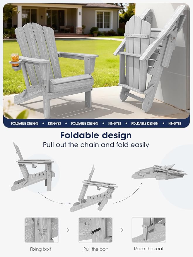 KINGYES Folding Adirondack Chair, HDPE All-Weather Patio Chairs with Cup Holder, Wooden Textured Fire Pit Chairs for Poolside, Backyard, Deck, Silver Grey