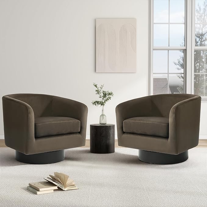 Swivel Barrel Chair, Modern Round PU Leather Accent Armchair for Living Room, Bedroom, Oversized Comfy Club Reading Chairs for Adults (Velvet Coffee, Set of 2)